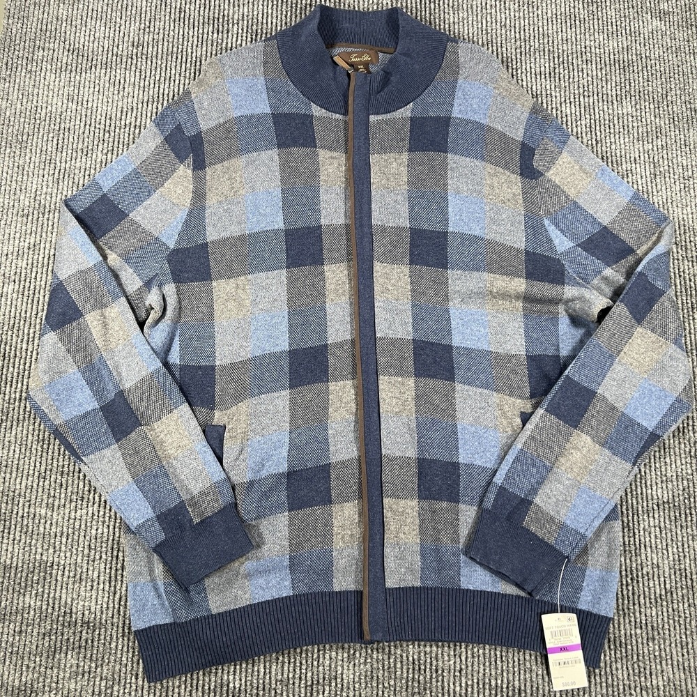 Tasso Elba Sweater Mens 2XL XXL Blue Plaid Long Sleeve Knit Full Zip New